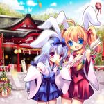  animal_ears blue_eyes blue_hair bunny_ears carrot kosuzume multiple_girls orange_hair original oversized_clothes purple_eyes red_hair twintails 