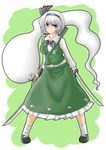  bad_id bad_pixiv_id black_hairband blue_eyes daisy doseisan_(dosei-san) dual_wielding flower ghost hairband highres hitodama holding katana konpaku_youmu konpaku_youmu_(ghost) mary_janes scabbard sheath shoes short_hair silver_hair solo standing sword touhou vest weapon 