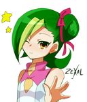  green_hair mizuki_kotori_(yuu-gi-ou_zexal) one_eye_closed orange_eyes ribbon short_hair skirt solo yuu-gi-ou yuu-gi-ou_zexal 