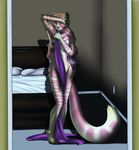  amethysia bed bedroom breasts civet covering covering_self ear_piercing earring female nude piercing pillow rafflone solo unknown_species 