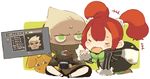  1girl blonde_hair blush chibi classic_dungeon closed_eyes coat creature green_eyes hair_bobbles hair_ornament handheld_game_console mota open_mouth playing_games playstation_portable psp_go red_hair sweat tears twintails 