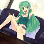  armpits camisole casual collarbone contemporary controller couch frog green_eyes green_hair hair_ornament kochiya_sanae long_hair midriff navel open_mouth remote_control saemon_(tonpura) sitting snake solo strap_slip tank_top touhou 