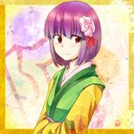  blush bob_cut flower hair_flower hair_ornament hands_together hazuki_kyou hieda_no_akyuu japanese_clothes own_hands_together purple_eyes purple_hair short_hair sleeves_past_wrists smile solo touhou upper_body 
