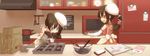  baking black_hair blue_eyes brown_eyes cookie_cutter cooking hat highres kitchen koyuki.a mouth_hold multiple_girls pastry_bag ponytail seal_online sleeves_pushed_up 