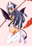  ass backless_outfit bad_id bad_pixiv_id bare_back bat_wings boots demon_girl demon_tail expressionless full_body high_heels horns kojou legs leotard long_hair looking_back original pointy_ears red_eyes scythe shoes simple_background solo succubus swimsuit tail thigh_boots thighhighs thighs thong_leotard white_legwear wings 
