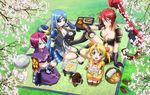  4girls akechi_mitsuhide armor blonde_hair blue_hair breasts character_request cherry_blossoms cleavage eyepatch food glasses headband helmet hide_yoshino highres long_hair multiple_girls navel oda_nobunaga personification picnic pink_hair ponytail red_hair sengoku_otome sengoku_otome_momoiro_paradox short_hair toyotomi_hideyoshi twintails very_long_hair 