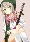  alternate_costume bad_id bad_pixiv_id blush casual contemporary green_eyes hat jewelry katana konpaku_youmu pendant plaid plaid_scarf pun2 scabbard scarf sheath shimamura_youmu short_hair sleeves_rolled_up solo sword touhou weapon wristband 