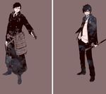  ao_no_exorcist black_hair brothers chain coat glasses gun handgun male_focus multiple_boys necktie okumura_rin okumura_yukio pointy_ears school_uniform siblings striped striped_neckwear sword weapon 