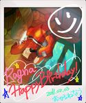  apple blazblue food fruit grey_hair happy_birthday male_focus official_art ragna_the_bloodedge sleeping smiley_face solo writing 