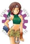  armor bare_shoulders blush brown_eyes brown_hair character_name copyright_name final_fantasy final_fantasy_vii fingerless_gloves gloves headband kuroboshi_kouhaku midriff open_fly short_hair shorts sleeveless sleeveless_turtleneck solo turtleneck unzipped yuffie_kisaragi 