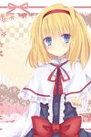  alice_margatroid bad_id bad_pixiv_id blonde_hair blue_eyes bow capelet checkered checkered_background hairband ribbon short_hair solo sukato touhou upper_body white_capelet 