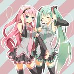  aqua_eyes aqua_hair armpits bad_id bad_pixiv_id cosplay detached_sleeves hatsune_miku hatsune_miku_(cosplay) headphones kako11 long_hair megurine_luka multiple_girls necktie pink_hair skirt smile thighhighs twintails very_long_hair vocaloid zettai_ryouiki 