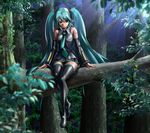  aqua_hair boots detached_sleeves hatsune_miku headset in_tree long_hair necktie night night_sky okaryuko sitting sitting_in_tree skirt sky solo star_(sky) starry_sky thigh_boots thighhighs tree twintails very_long_hair vocaloid 