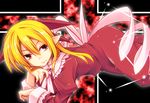  ayana_(touhou) blonde_hair bow brown_eyes chin_rest cross dress extra hair_between_eyes hair_bow hemogurobin_a1c juliet_sleeves long_sleeves lying nail_polish on_stomach pink_nails pointy_ears puffy_sleeves red_dress simple_background solo touhou 