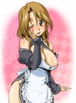  apron blush breasts detached_sleeves dream_c_club dream_c_club_(series) face futaba_riho hand_on_own_face kikkawa_kabao large_breasts lips one_eye_closed solo waitress wide_hips 