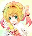  brown_hair cardcaptor_sakura dress fuuin_no_tsue green_eyes hat kinomoto_sakura magical_girl multicolored_hair pink_hat short_hair solo two-tone_hair wand yuuki_nonta 