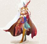  1girl blackwaltz blonde_hair blue_eyes breasts cape cefca_palazzo cleavage clown face_paint facepaint feather feathers female final_fantasy final_fantasy_vi full_body genderswap gloves leotard long_hair nail_polish ponytail solo thighhighs 