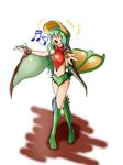  capcom eyes_closed green_hair long_hair midriff monster_girl monster_hunter multicolored_hair musical_note navel outstretched_arms personification quropeco qurupeco singing tail wings 