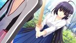  black_hair game_cg hananomiya_ako japanese_clothes long_hair nishimata_aoi purple_eyes sekai_seifuku_kanojo sword weapon 