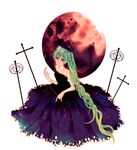  aqua_eyes bad_id bad_pixiv_id bare_shoulders cross dress full_moon green_hair hatsune_miku highres ichiko_(dragn) long_hair moon red_moon simple_background solo strapless strapless_dress very_long_hair vocaloid 