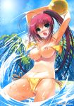  absurdres armpits arms_up beach bikini blush breasts cameltoe copyright_request green_eyes highres kiya_shii large_breasts long_hair nipples o-ring o-ring_top open_mouth ponytail red_hair side-tie_bikini solo swimsuit very_long_hair wardrobe_malfunction wet 