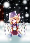  absurdres blonde_hair blush flandre_scarlet highres sd-sos short_hair side_ponytail sitting snow snowman solo thighhighs touhou 