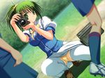  camera game_cg green_eyes green_hair hoshizuki_akira panties seifuku soushinjutsu_rei thighhighs underwear 