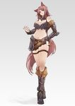  animal_ears armor blush boots breasts brown_hair cleavage detached_sleeves fox_ears green_eyes hand_on_hip ian_olympia large_breasts long_hair midriff navel original solo very_long_hair 