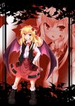  bat bat_wings blonde_hair boots bow elis_(touhou) facial_mark hair_bow hand_on_hip pointy_ears red_eyes skirt solo star too_many too_many_bats touhou touhou_(pc-98) vest viki00 wings zoom_layer 