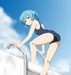  ass bare_legs blue_eyes blue_hair climbing day from_below frown fukuoka_katsumi kneepits ladder looking_down misaki_(fukuoka_katsumi) one-piece_swimsuit original outdoors pool pool_ladder poolside school_swimsuit short_hair solo swimsuit twintails 