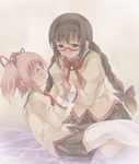  akemi_homura bad_id bad_pixiv_id black_hair braid glasses hairband kaname_madoka long_hair mahou_shoujo_madoka_magica michii_yuuki mitakihara_school_uniform multiple_girls pink_hair purple_eyes red-framed_eyewear school_uniform short_hair short_twintails spoilers tears thighhighs twin_braids twintails 