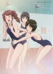  amagami black_hair blue_eyes brown_hair closed_eyes grin groping highres imminent_hug ishikura_keiichi legs long_hair long_legs multiple_girls nakata_sae nanasaki_ai non-web_source official_art one-piece_swimsuit open_mouth school_swimsuit screaming short_hair showering smile swimsuit tachibana_miya twintails you_gonna_get_raped young_animal 