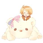  83kuma ahoge america_(hetalia) axis_powers_hetalia bad_id bad_pixiv_id blonde_hair closed_eyes glasses gloves jacket lowres male_focus simple_background solo stuffed_animal stuffed_toy teddy_bear 