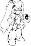  arm_cannon capcom character_request hand_on_hip hips monochrome nezumi nezunezu pixiv_manga_sample rockman serious simple_background sketch solo standing weapon 