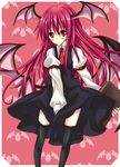  6=7 bat_wings black_legwear blush book head_wings koakuma long_hair necktie red_eyes red_hair skirt skirt_tug solo thighhighs touhou vest wings zettai_ryouiki 