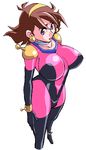  bad_id bad_pixiv_id blue_eyes bodysuit breasts brown_hair dutch_angle g_gundam gundam kotomozou large_breasts legs mobile_trace_suit pink_bodysuit rain_mikamura short_hair skin_tight solo thighs 