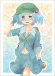  adjusting_clothes adjusting_hat blue_eyes blue_hair blush bow checkered gift gloves hair_bobbles hair_bow hair_ornament hat highres kawashiro_nitori key midriff navel sakuyabm skirt sleeves_rolled_up solo touhou two_side_up unbuttoned 