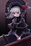  bad_id bad_pixiv_id bangs bat blunt_bangs bob_cut bonnet capelet dark feathers flower gothic_lolita highres juke kris_flina light_smile lolita_fashion nail_polish red_eyes red_flower red_rose rose short_hair silver_hair solo sword_girls tattoo window 