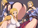  armor ass bad_id bad_pixiv_id bent_over blonde_hair blue_eyes blush braid breasts buckle cleavage comb domu earrings elina hairband hug impossible_clothes impossible_shirt jewelry large_breasts leina long_hair multiple_girls multiple_persona queen's_blade revealing_clothes shield shirt short_hair siblings sword twin_braids weapon yuri 
