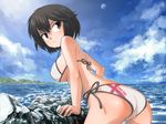  ass bikini black_eyes black_hair cot nazo_no_kanojo_x ocean rock saliva short_hair solo swimsuit urabe_mikoto 