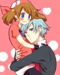  1girl age_difference aheim bad_id bad_pixiv_id bandana between_breasts bike_shorts blue_eyes blue_hair blush breasts brown_hair gloves haruka_(pokemon) head_between_breasts hug pokemon pokemon_(game) pokemon_rse short_hair skirt small_breasts tsuwabuki_daigo 