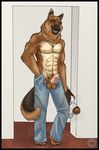 cigarette claws dog german_shepherd gold_eyes jeans male mammal muscles necklace nipples penis sabretoothed-ermine sabretoothed_ermine sheath shoes smoking socks solo yellow_eyes 