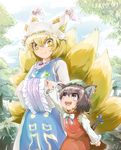  :d animal_ears bell blonde_hair bow brown_eyes brown_hair cat_ears cat_tail chen child clover dress four-leaf_clover fox_tail hands_in_opposite_sleeves hat highres jingle_bell multiple_girls multiple_tails nartanz open_mouth ribbon short_hair smile surcoat tail tail_ribbon touhou tree yakumo_ran yellow_eyes 