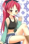  antenna_hair bare_shoulders boots cap_(dkdm-d) food hair_ribbon hood hoodie long_hair mahou_shoujo_madoka_magica midriff pocky ponytail red_eyes red_hair ribbon sakura_kyouko shorts solo sports_bra star 