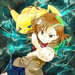  biribiri brown_eyes brown_hair crossover electricity foreshortening gen_1_pokemon misaka_mikoto nyannyan-shion pikachu pokemon pokemon_(creature) power_connection school_uniform short_hair to_aru_kagaku_no_railgun to_aru_majutsu_no_index 