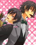  2boys black_hair blue_eyes bow bow_tie bowtie brown_eyes candy chocolate formal gantz highres inaba_kouki multiple_boys nishi_joichiro nishi_jouichirou polka_dot polka_dots short_hair 