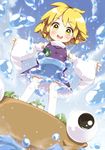  :d absurdres adapted_costume blonde_hair detached_sleeves frog hat hat_removed headwear_removed highres moriya_suwako open_mouth outstretched_arms serizawa_mutsuki short_hair smile solo spread_arms thighhighs touhou white_legwear yellow_eyes younger 