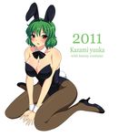  2011 animal_ears bad_id bad_pixiv_id blush breasts bunny_ears bunny_tail bunnysuit character_name cleavage high_heels highres kazami_yuuka kyokutou_hentai_samurai large_breasts pantyhose red_eyes shoes sitting solo tail touhou 