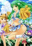  absurdres ass bad_id bad_pixiv_id blonde_hair breasts cheerleader cleavage frills frog front-tie_top green_eyes green_hair hair_ornament highres kochiya_sanae long_hair looking_at_viewer medium_breasts midriff moriya_suwako motion_blur multiple_girls onaka_sukisuki open_mouth panties pom_poms purple_eyes purple_hair red_eyes shiny shiny_skin short_hair small_breasts smile snake touhou underboob underwear yasaka_kanako 