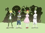 5boys black_hair blonde_hair blue_eyes crossed_arms formal glasses grin hat highres jeff_andonuts mother_(game) mother_2 multiple_boys ness paula_(mother_2) poo_(mother_2) porky_minch ribbon smile suit 